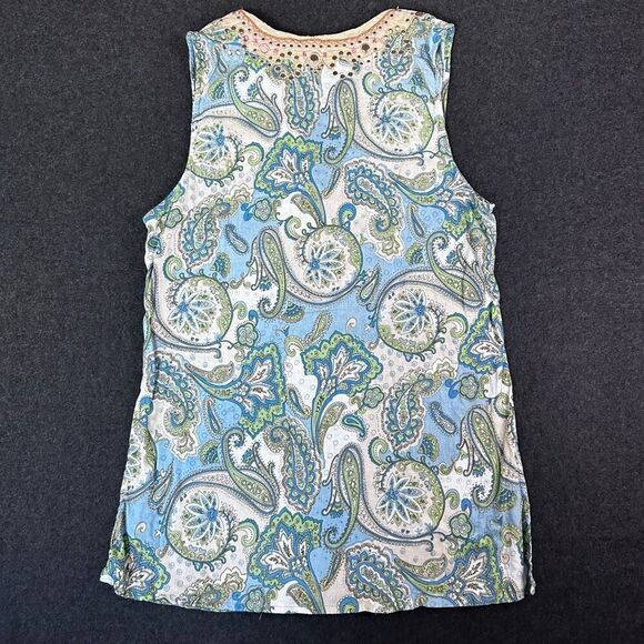 Cynthia Rowley Paisley Plunge Neck Sleeveless Tunic Top Womens L Blue Cottagecor - Picture 3 of 9